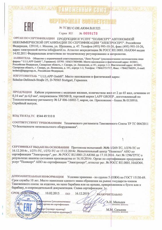 Сертификат соответствия на комплектующие Lapp Group
